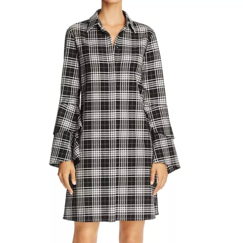 ALICE + OLIVIA Jem Ruffle-Sleeve Plaid Shirt Dress, Size Medium